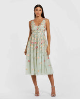 Green V-Neck Sleeveless Midi Floral Beaded A-line Dress